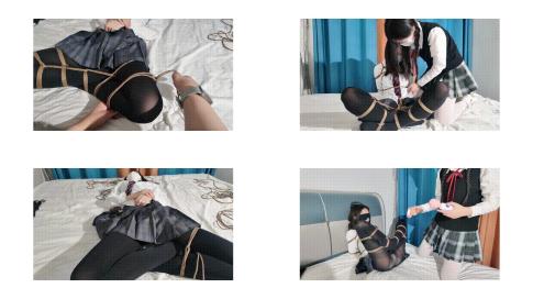 长颜草】姐妹调教，jk黑丝梦婷被霜喵盘腿缚绑到床上，只能被迫接受tk，电击贴，棒棒骚扰，后戴上口球，内入小怪兽，一边用塑料袋呼吸控制一边强制GC1