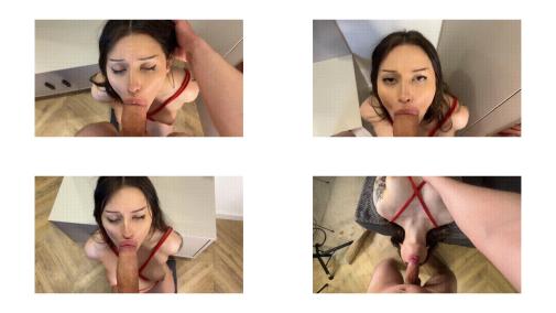 Tied up brunette took a big cock in her mouth