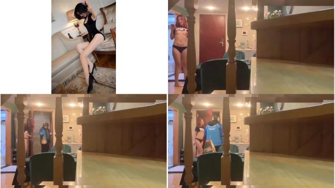 高颜值名模阿朱勾引饿了么小胖，你摸我奶子就让你走，我手里还有单子，轻轻亲胖子一口，胖子紧张得喘不过气 太怂了149
