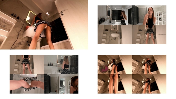 Sexy long legs hot and horny college girl shows her white cotton panties in the bathroom to multiple cams